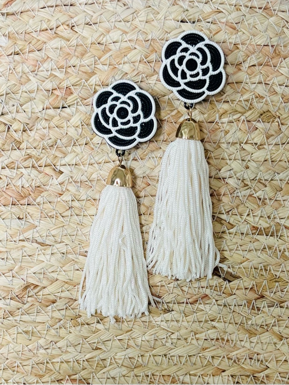 Black & Ivory Flower Tassel Statement Earrings
